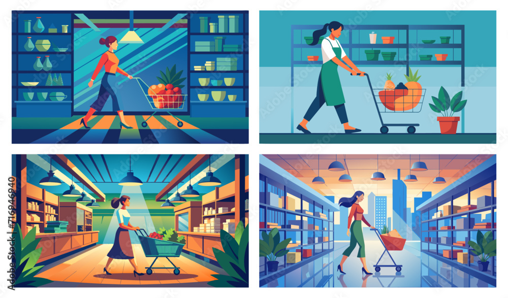 Customers shopping in a modern grocery store vector illustration set
