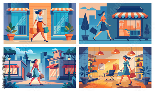 Stylish woman enjoying shopping spree in various city locations vector illustration set