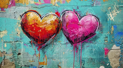 Generative AI, Colorful hearts as graffiti love symbol on the wall, street art. Melted paint. 