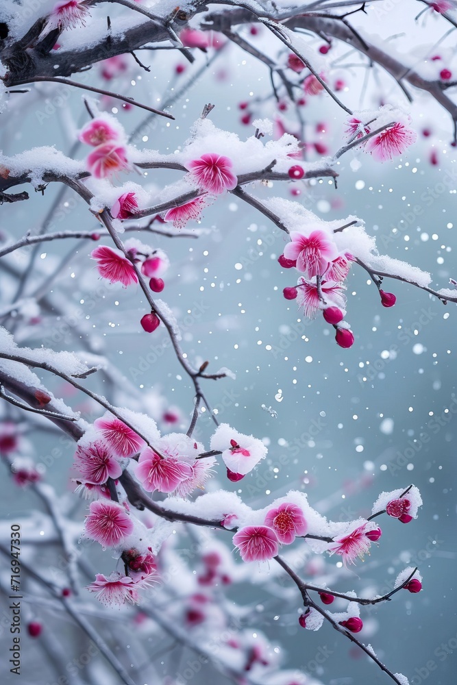 The branch of tree has covered with heavy snow and sunset time in winter season. AI generated illustration