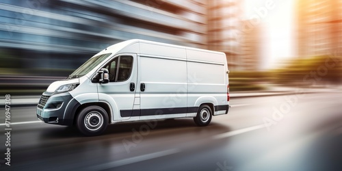 White commercial delivery van on the street with motion blur background