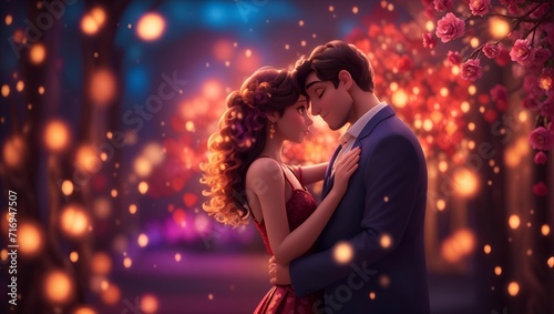 Romantic couple in the bokeh background . Lovers day concept illustration 