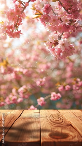 Empty wooden table in Sakura flower Park with garden bokeh background with a country outdoor theme  Template mock up for display of product. AI generated illustration