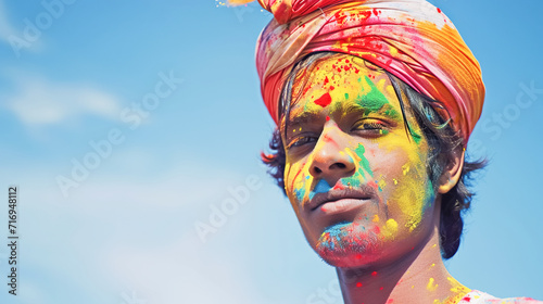 Portrait of a young handsome man in a national elegant headdress, among clouds of blue and yellow Holi powder against a bright blue sky, copy space