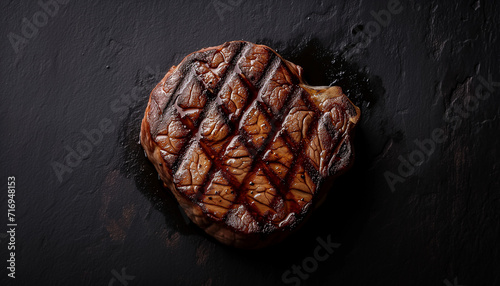 Grilled steak on a black background: Juicy, tender meat with charred grill marks, served on a sleek black plate.