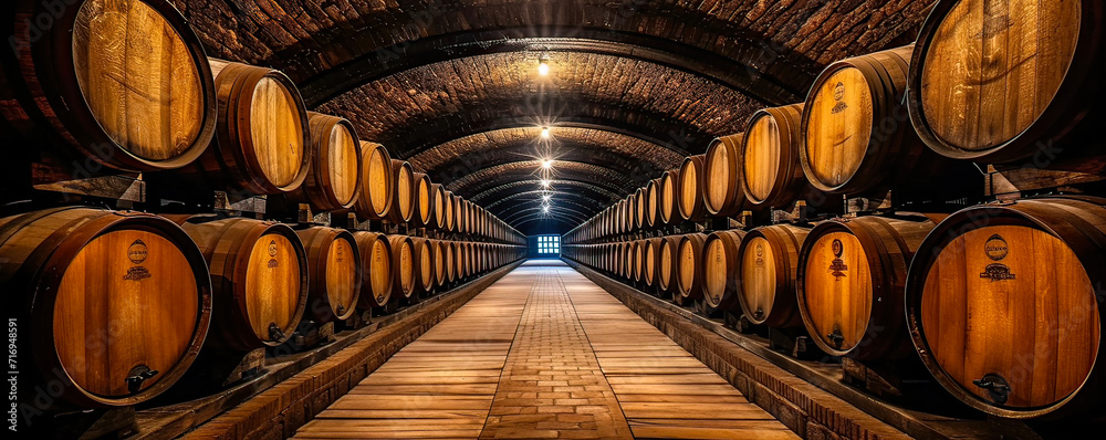 Cellar with stacked barrels of whiskey, bourbon, scotch and wine aged several years. Old vintage barrels