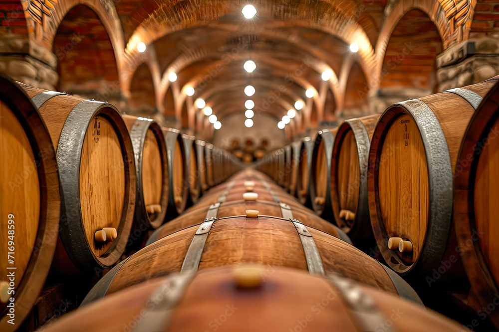 Cellar with stacked barrels of whiskey, bourbon, scotch and wine aged several years. Old vintage barrels