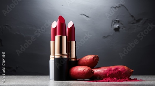 Beauty cosmetics product lipstick and real beet. Concept of Red beetroot powder in the cosmetics industry. Natural organic colorant betacyanin pigment. Beet lipstick vegan makeup photo