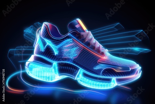 A holographic luminous sneaker on a black background. Shoes of future.