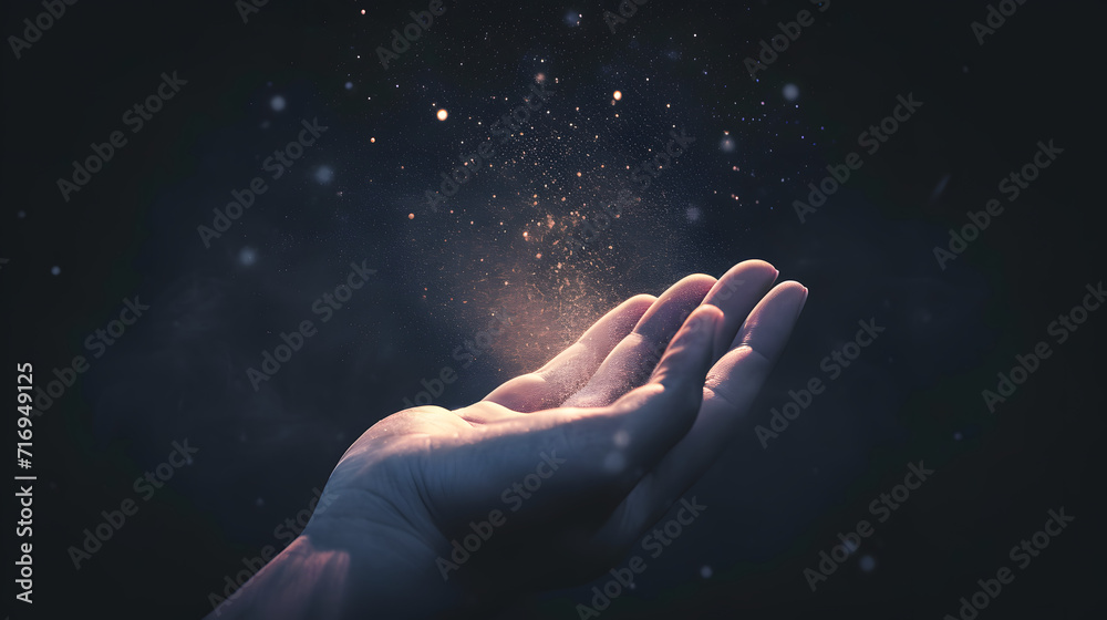 Praying hands with faith in religion and belief in God on blessing background. Power of hope or love and devotion. Magic powder floating on the magician hand. - obrazy, fototapety, plakaty 