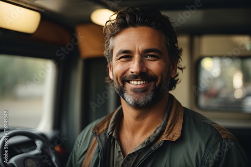 Portrait of happy truck driver looking at camera.

 photo