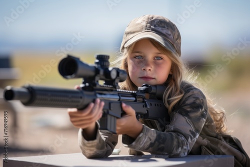 Portrait of an active kid female practicing target shooting outdoors. With generative AI technology