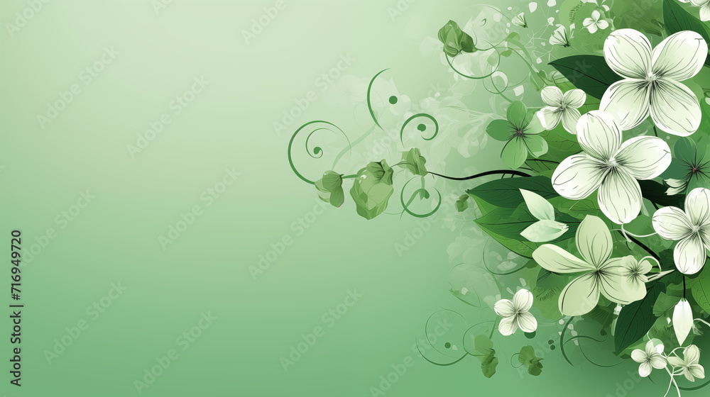 A green background with flowers and leaves. copy space A green background with flowers and leaves. copy space