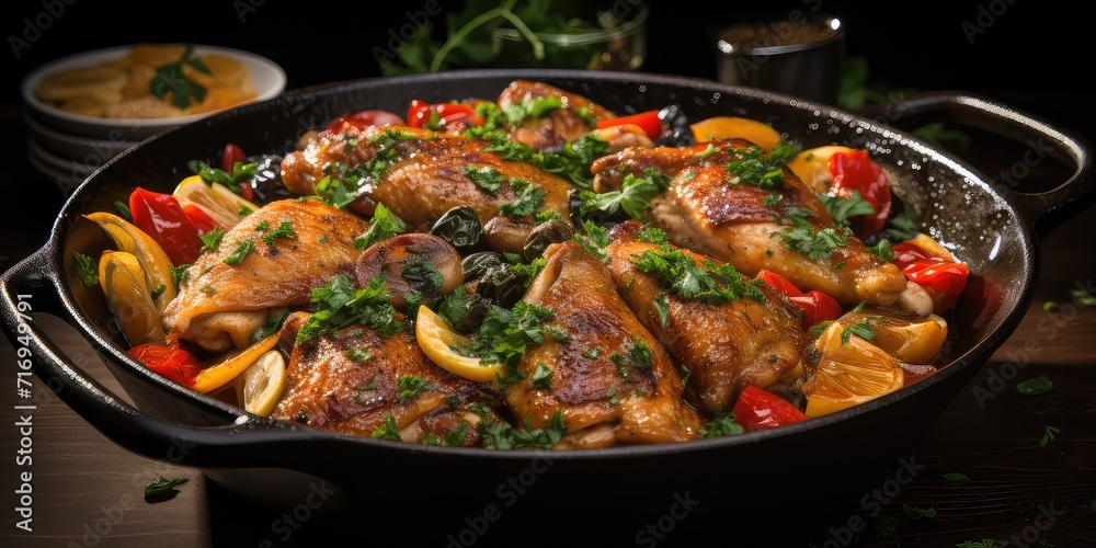 Poulet Basquaise Brilliance: Basque Chicken Charm. A Culinary Symphony of Flavorful Chicken and Peppers Captured in a Visual Feast 