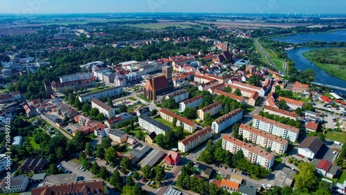 Aerial view around the city Anklam on a cloudy afternoon in late Spring in Germany