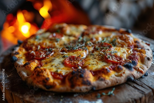 Four Cheese Pizza in front of the stove. pizza oven  close-up  selective focus. Quattro Formaggi Pizza. Four cheese Pizza. Cheese Pull. Pizza on a Background with copyspace.