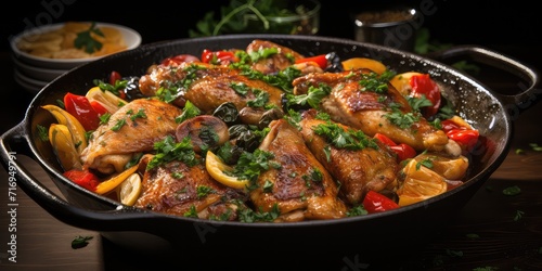 Poulet Basquaise Brilliance: Basque Chicken Charm. A Culinary Symphony of Flavorful Chicken and Peppers Captured in a Visual Feast 