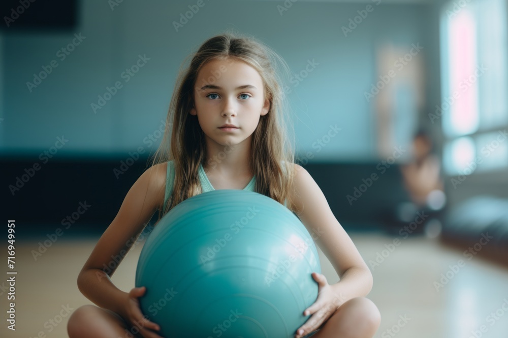 Portrait of a serious kid female doing exercises with a stability ball in an empty room. With generative AI technology Portrait of a serious kid female doing exercises with a stability ball in an empty room. With generative AI technology
