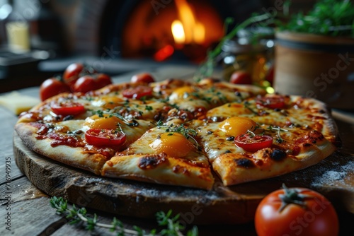Four Cheese Pizza with mozzarella cheese, tomatoes and basil on wooden background. Quattro Formaggi Pizza. Four cheese Pizza. Cheese Pull. Pizza on a Background with copyspace.