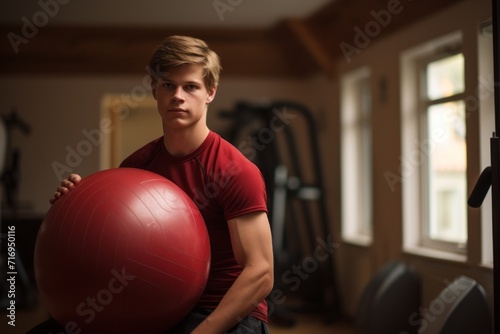 Portrait of an inspired boy in his 20s doing exercises with a stability ball in an empty room. With generative AI technology photo