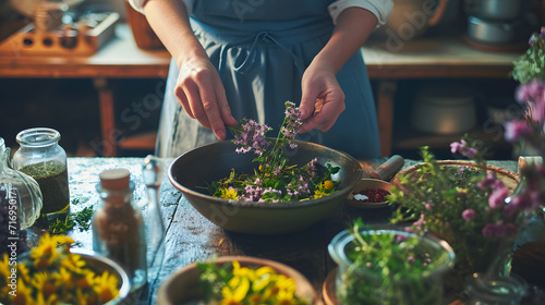 A person preparing a homemade herbal remedy using fresh natural ingredients. photo