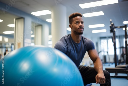 Portrait of a focused boy in his 30s doing exercises with a stability ball in a gym. With generative AI technology