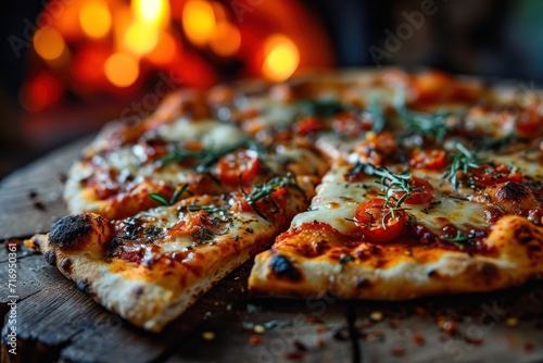 Four Cheese Pizza in front of the stove. pizza oven, close-up, selective focus. Quattro Formaggi Pizza. Four cheese Pizza. Cheese Pull. Pizza on a Background with copyspace.