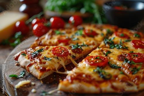 Four Cheese Pizza with mozzarella cheese, tomatoes and basil on wooden background. Quattro Formaggi Pizza. Four cheese Pizza. Cheese Pull. Pizza on a Background with copyspace.