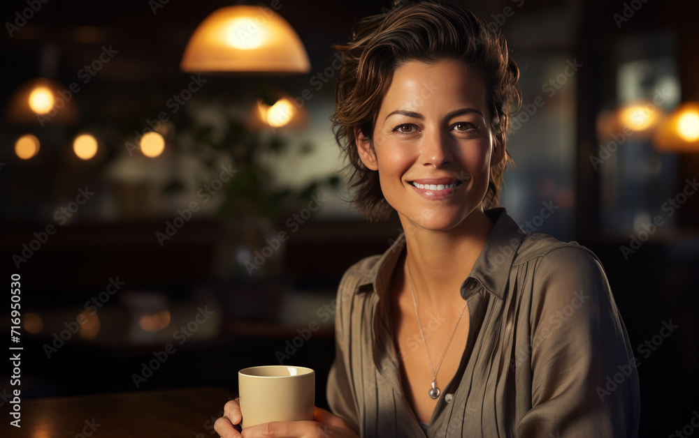 Beautiful middle-aged woman smiles in kitchen of her home, modern kitchen on the background, Beautiful middle-aged woman smiles in kitchen of her home, modern kitchen on the background,