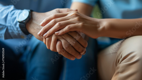 close-up of two individuals holding hands in a comforting manner photo