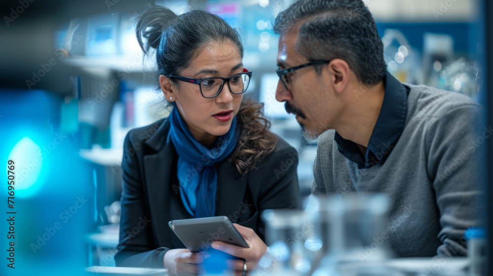 Two professional scientists or researchers, a man and a woman, are focused on a tablet in a laboratory setting Two professional scientists or researchers, a man and a woman, are focused on a tablet in a laboratory setting