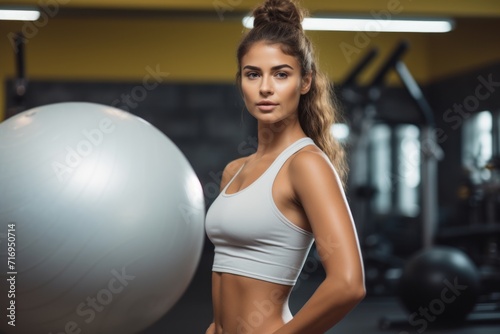 Portrait of a handsome girl in her 20s doing exercises with a stability ball in a gym. With generative AI technology