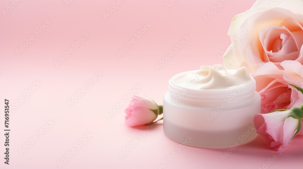 Jar of facial cream and flower roses. Skin care or hair care cosmetics product and rose flower on pink background. Natural beauty products with rose extract for face skin care concept. Space for text Jar of facial cream and flower roses. Skin care or hair care cosmetics product and rose flower on pink background. Natural beauty products with rose extract for face skin care concept. Space for text