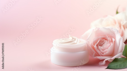 Jar of facial cream and flower roses. Skin care or hair care cosmetics product and rose flower on pink background. Natural beauty products with rose extract for face skin care concept. Space for text