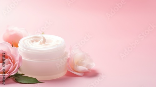 Skin care or hair care cosmetics product and rose flower on pink background. Natural beauty products with rose extract for face skin care concept. Space for text