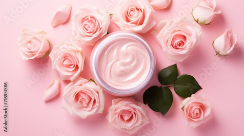 Skin care or hair care cosmetics product and rose flower on pink background. Natural beauty products with rose extract for face skin care concept. Space for text