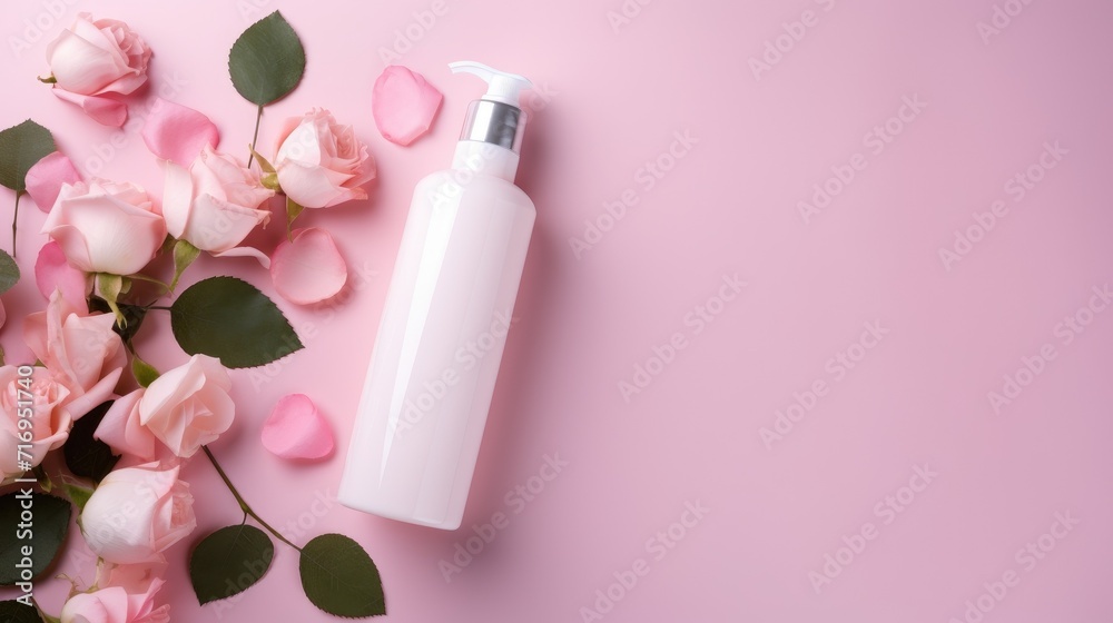 Bottle of skin care or hair care cosmetics product and rose flower on pink background. Organic beauty products with rose extract for face skin care concept. Body lotion or shampoo with roses flower Bottle of skin care or hair care cosmetics product and rose flower on pink background. Organic beauty products with rose extract for face skin care concept. Body lotion or shampoo with roses flower