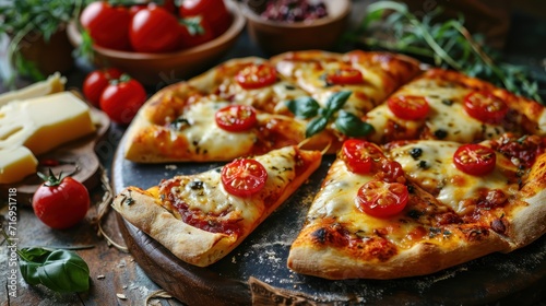 4 cheese Pizza with cheese, tomatoes and arugula on a wooden board. Quattro Formaggi Pizza. Four cheese Pizza. Cheese Pull. Pizza on a Background with copyspace.
