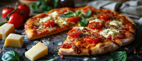4 cheese Pizza with cheese, tomatoes and arugula on a wooden board. Quattro Formaggi Pizza. Four cheese Pizza. Cheese Pull. Pizza on a Background with copyspace.