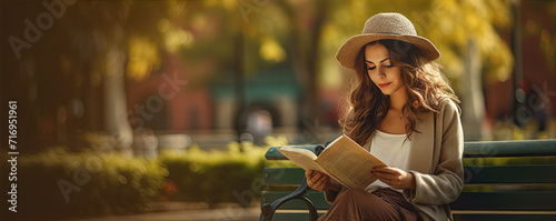 Beautiful middle age woman reading book in green park. copy space for text. Relaxation with read book concept.