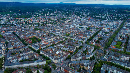 Aerial view around the city Wiesbaden on a cloudy afternoon in late Spring in Germany