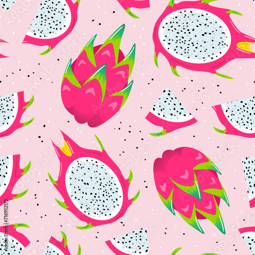 Pitahaya. Dragon fruit summer seamless pattern. Healthy food, vegans. Veganuary. Cactus. Tropical exotic fruits, leaves. Healthy food. For menu, cafe, wallpaper, fabric, wrapping