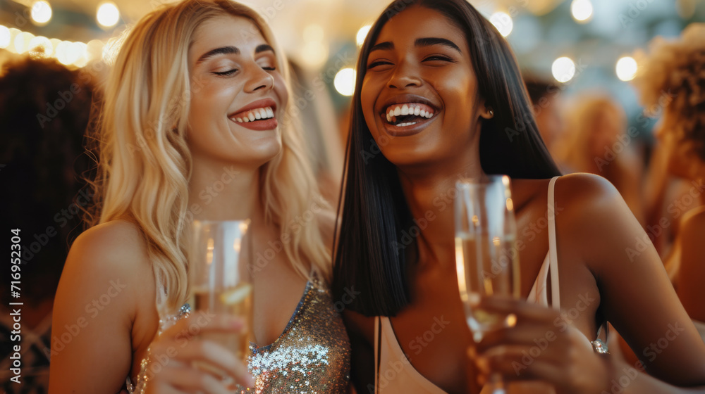 two women sharing a joyful moment with a glass of champagne at a festive event