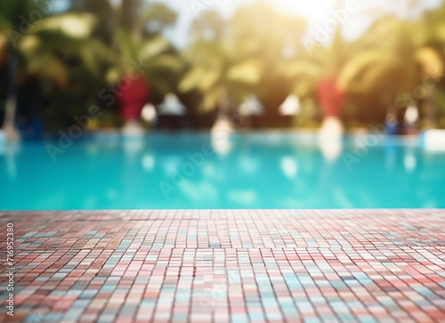 Empty ceramic mosaic table top and blurred swimming pool. 