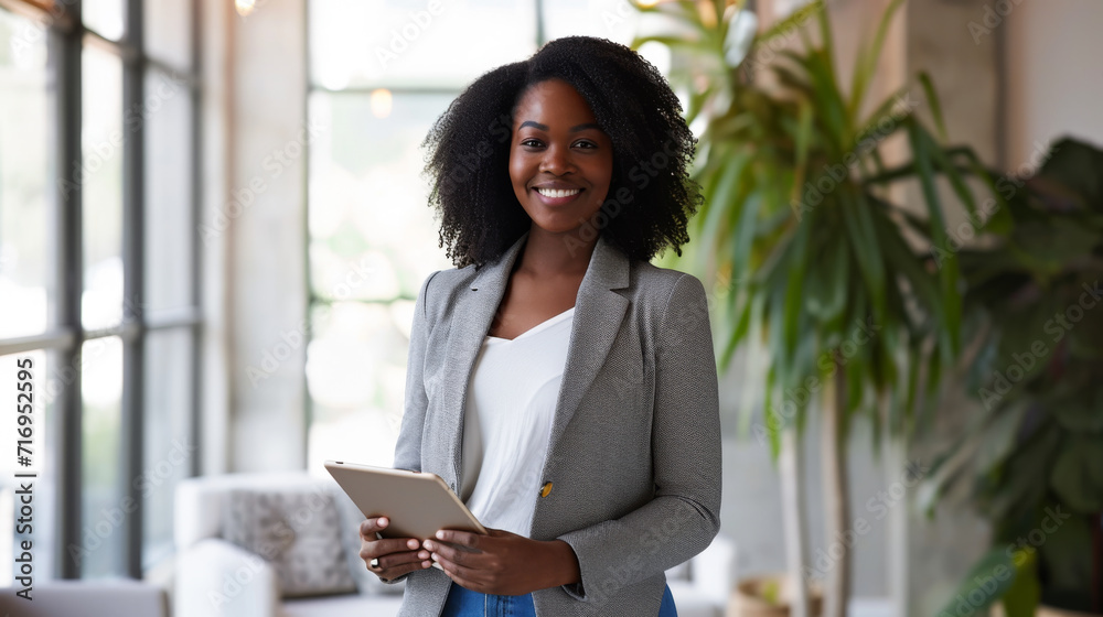 Confident professional woman with a pleasant smile, standing with her arms crossed in a modern office environment.