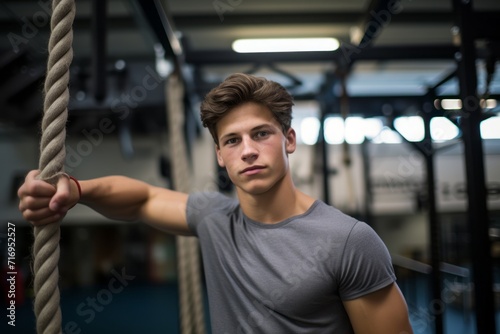 Portrait of an active boy in his 20s practicing rope climb in a gym. With generative AI technology