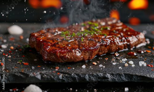 A food photo of a tasty steak on a stone , salt , spicy photo