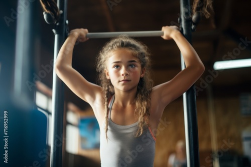 Portrait of a concentrated kid female practicing pull ups in a gym. With generative AI technology