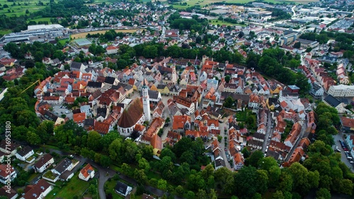 Aerial view around the city Schrobenhausen on a cloudy afternoon in late Spring in Germany