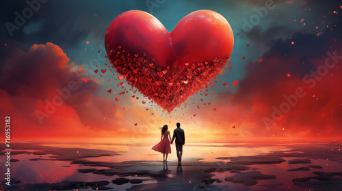 Graphic concept of love in the form of a big heart in space and a young couple holding hands walking away into the distance. AI generated